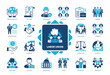 © Genestro - Labor Union icon set. Union Dues, Workforce, Job Conditions, Employee Benefits, Members, Constitution, Workforce, Employer. Duotone color solid icons