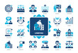 © Genestro - Lobbying icon set. Legislators, Judiciary, Politics, Advocacy, Voters, Authority, Goal, Relationship. Duotone color solid icons