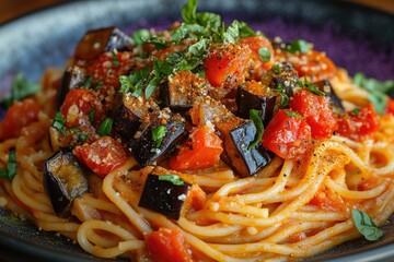 Wall Mural - Delicious spaghetti with eggplant and tomato sauce, garnished with fresh basil and parmesan