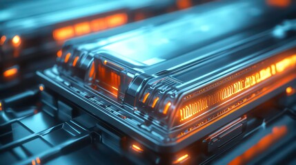 Leinwandbilder - Close-up of futuristic battery technology showcasing sleek design and glowing elements.