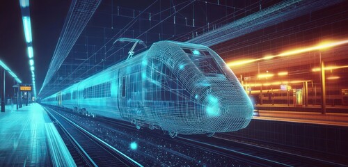 Wall Mural - train depicted in a modern 3d polygonal wireframe at a railway station.