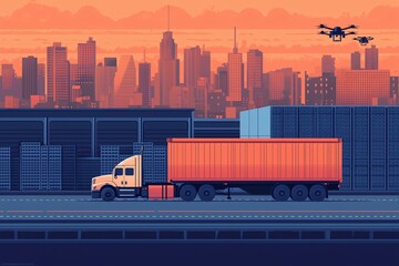 Urban Logistics: Sunset Delivery. A semi-truck carrying shipping containers is shown against the backdrop of a modern cityscape at sunset, with delivery drones in the sky.