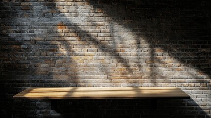 Wall Mural - Wooden table against a textured brick wall, creating an interesting interplay of light and shadow, with ample copy space for your designs and text.