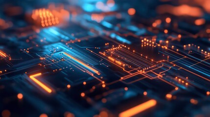 Poster - Abstract digital circuit design with glowing particles, representing technology and innovation.