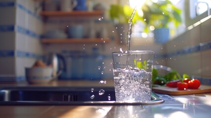 Refreshing water splashing into a glass, with fresh vegetables in a sunlit kitchen setting.