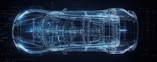 Wall Mural - black background features an overhead view of a futuristic car blueprint showcasing innovation.
