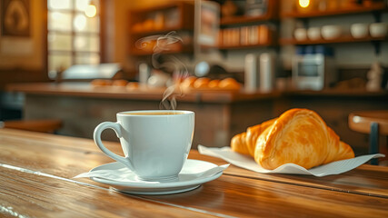 A steaming cup of coffee and a golden pastry on a rustic wooden table, inviting you to savor the simple pleasures of a warm cafe setting.