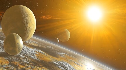 Wall Mural - planets and a star in space subtle blur background with space for custom text