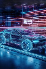 Wall Mural - interactive augmented reality features a new generation electric car in wireframe.