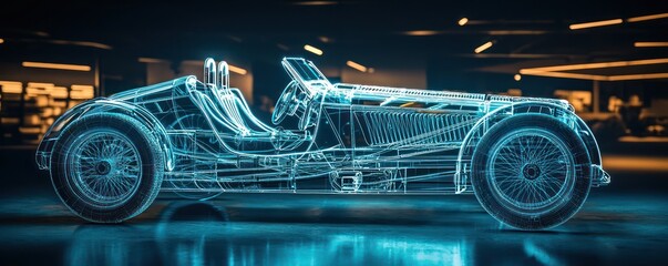 Wall Mural - futuristic showroom displaying a vintage car as a wireframe hologram.