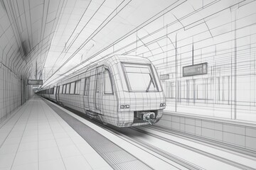 Wall Mural - wireframe visualization of a modern train in a metro setting, showcasing fast transit.