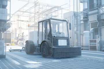 Wall Mural - wireframe autonomous street sweeper displayed in a vr urban maintenance setting.