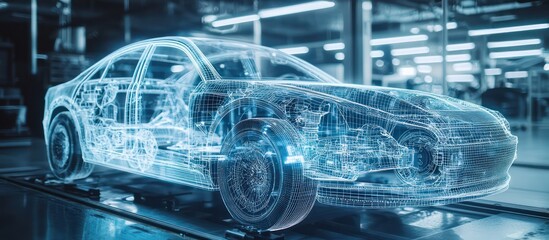 Wall Mural - augmented reality glasses display a car's internal mechanics in a wireframe format.