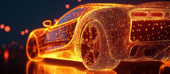 Wall Mural - advanced ai tools create an abstract glowing orange wireframe of a concept car.
