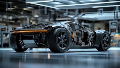 Wall Mural - innovative industrial design concept of an electric sports car with advanced framework and battery s