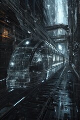 Wall Mural - futuristic train visualized in an advanced digital wireframe setting.