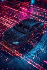 Wall Mural - digital technology enhances a black electric car with a holographic wireframe in ai imagery.