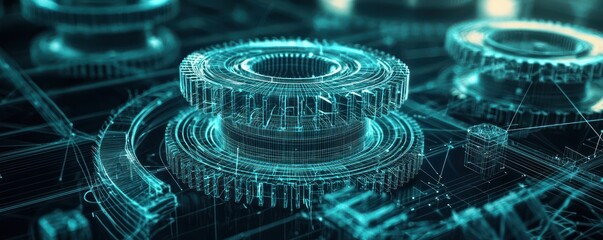 Wall Mural - technologically advanced digital display showcasing assembly of wireframe gears.