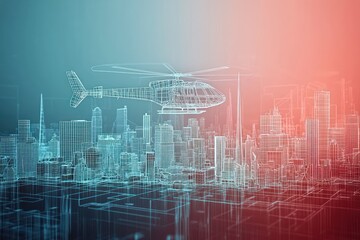 Wall Mural - augmented reality features a wireframe helicopter hovering above a digital urban landscape.