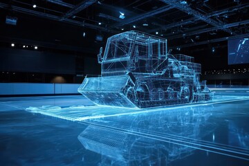 Wall Mural - high-resolution virtual reality display of a wireframe ice resurfacer in a digital skating rink.