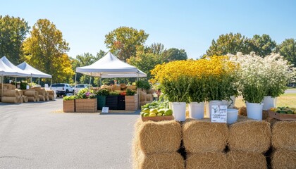 Wall Mural - Vibrant Harvest Fair with Seasonal Crops and Bales - Perfect for Thanksgiving and Halloween Celebrations