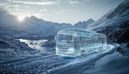 Wall Mural - digital polar landscape in ar showcases a touring wireframe snow coach.