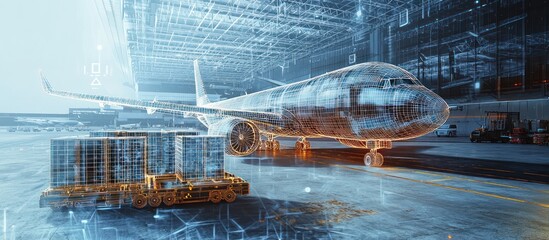 Wall Mural - augmented reality shows a cargo plane in wireframe at a high-tech virtual freight area.