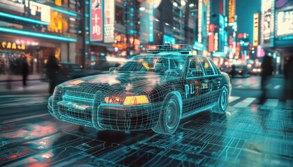Wall Mural - wireframe police cruiser in ar navigating through a digitally recreated urban landscape.
