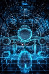 Wall Mural - wireframe aircraft lit in a blue tech-driven setting, reflecting cutting-edge aviation technology.