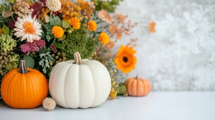 Wall Mural - Vibrant Autumn Decor with Pumpkins and Flowers for Thanksgiving and Halloween