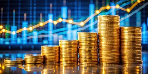 Wall Mural - A stack of gold coins growing in size with a blurry background of a financial chart depicting growth and success