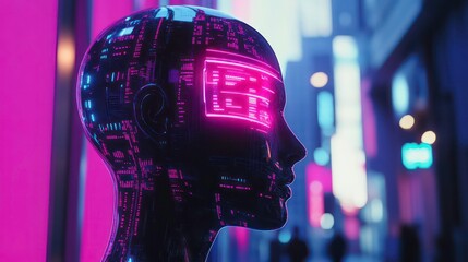 Aufkleber - A futuristic robotic head with glowing circuitry against a vibrant urban backdrop.