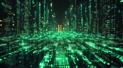 Crisp green binary code flows down dark screen, symbolizing complex digital datprocessing