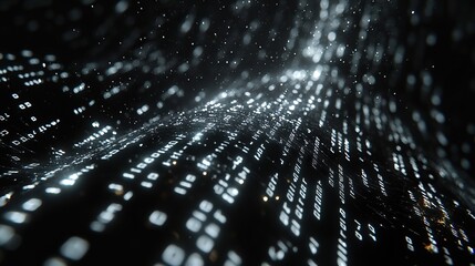 Dark cinematic background with binary code waves in white numbers, creating digital concept