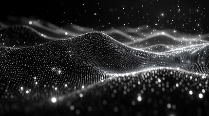 Dark cinematic background with binary code waves in white numbers, creating digital concept