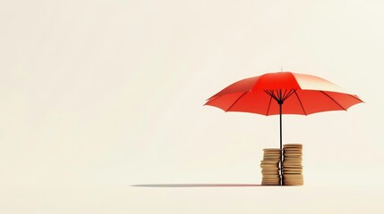 Aufkleber - An orange umbrella shelters stacks of coins, symbolizing financial protection and security.