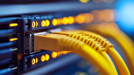 Canvas Print - Close-up of network cables connected to a server, showing illuminated indicators, emphasizing data connectivity and technology.