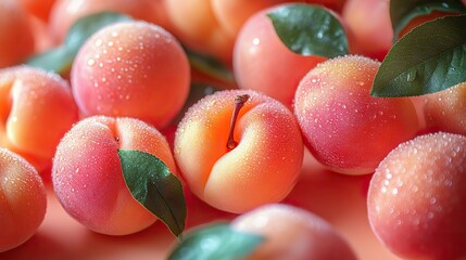 Fresh apricots or peaches rest against light orange background, offering vibrant and creative fruit pattern for food and vegan designs