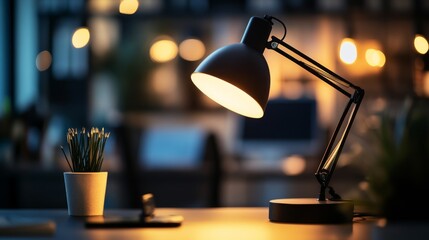2410 96.a modern dark workspace with a sleek, minimalist desk lamp casting a soft glow on a clean ta