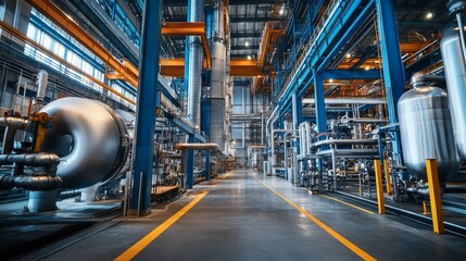 Wall Mural - A modern industrial facility showcasing large machinery and piping, illuminated by bright lights, emphasizing advanced engineering and manufacturing processes.