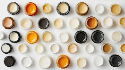 Cream Products. An array of different cream products in small jars on a clean white background.