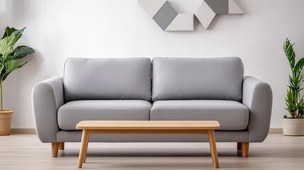 Wall Mural - Stylish grey sofa in a modern living room, accent wall with geometric decor, wooden coffee table, potted plants, bright natural light, perfect for a calm and cozy vibe