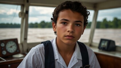 Wall Mural - Young sailor navigating the Amazon River