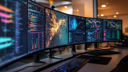 Wall Mural - A modern workspace featuring multiple curved monitors displaying vibrant data visualizations and analytics.