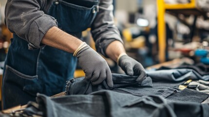 A worker meticulously arranges denim fabric at a clothing manufacturing facility, showcasing craftsmanship and attention to detail.