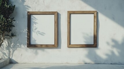 Wall Mural - Two vacant rustic picture frames rest against a white concrete wall, offering a charming backdrop for creative displays with ample copy space around the rustic picture frames.