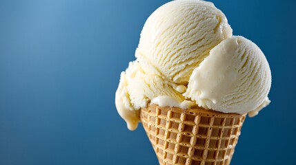 90.Two scoops of creamy vanilla ice cream resting on a waffle cone, with a rich blue background enhancing the contrast. The soft, melting texture of the ice cream contrasts with the crisp, structured