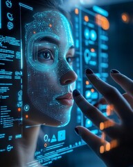 Poster - Futuristic Skincare Interface Woman Engaging with Digital Skin Analysis Technology