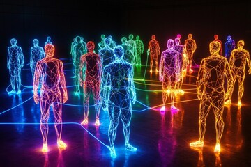 Wall Mural - connection and community: abstract, glowing figures connected by neon-colored lines, symbolizing soc