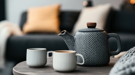 Sticker - Close-up of a decorative teapot and two ceramic cups on a wooden table in a cozy living room setting with blurred background